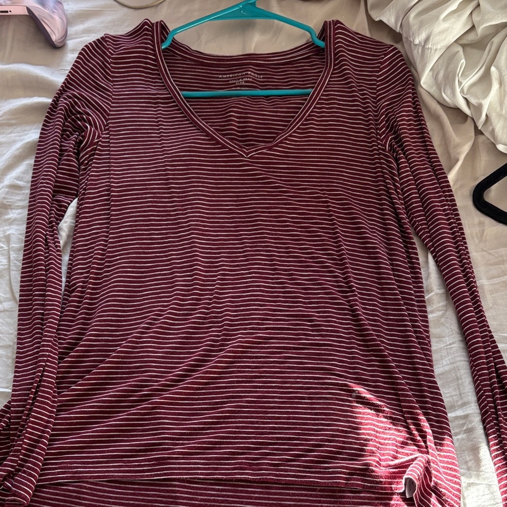 American Eagle Outfitters Maroon Striped Long Sleeve Tee